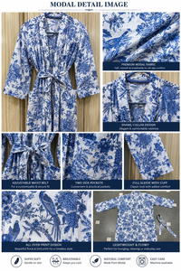 เสื้อคลุมกิโมโนลายดอกไม้สีน้ำเงินสำหรับผู้หญิง - เสื้อคลุมอาบน้ำสีน้ำเงินและสีขาวสุดหรู ชุดนอนแขนยาวพร้อมกระเป๋า - Product Image 6