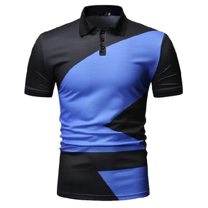 Polo à manches courtes bleu et noir à blocs de couleurs géométriques, coupe ajustée, décontracté, tricoté, séchage rapide - Product Image 4
