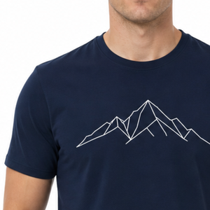 Servicio OEM, Camisetas de Hombre de Alta Calidad con Estampado Personalizado, Diseño Artístico de Líneas de Montaña, Camisetas Lisas de Algodón Azul Marino - Product Image 3