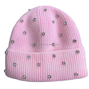 Wholesale Custom Winter Cuffed Knitted <b>Hats</b> Solid Color Unisex Luxury Rhinestones <b>Beanie</b> <b>Hats</b> 100% <b>Wool</b> - Product Image 1