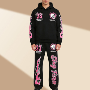 Sweat à capuche zippé et pantalon de survêtement évasé pour homme, style streetwear, imprimé patchwork brodé, personnalisable, effet vieilli, respirant, délavé à l'acide - Product Image 1