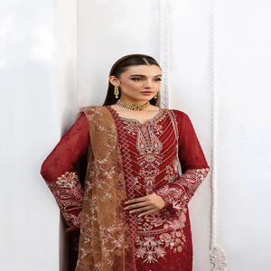 Heavy Embroidered <b>Red</b> <b>Silk</b> Salwar Kameez Suit For Women Traditional Indian Pakistani Wedding Outfit Floor-Length Regular Fit - Product Image 1