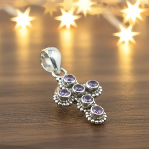 Colgante de cruz de plata de ley 925 con piedra preciosa de amatista morada, joyería religiosa vintage hecha a mano para mujeres y hombres, regalo de Navidad - Product Image 6