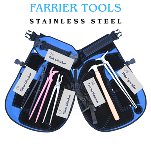 Kit de herramientas para herrador con delantal de cuero, separador de pezuñas, clincher curvo rosa, clincher tipo caimán y martillo de accionamiento - Product Image 3