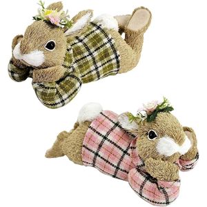 Set di 2 Coniglietti Pasquali Rustici in Sisal da 22,6 cm con Fiore per Decorazioni Primaverili Domestiche, Adatti per Coppie - Product Image 1