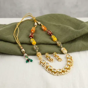 Kundan <b>Pearl</b> Long <b>Necklace</b> <b>Set</b> with Multicolor Stone Beaded <b>Necklace</b> and Matching Earrings Indian Bridal Wedding Jewelry - Product Image 2