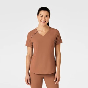 Unisex Brown <b>Scrub</b> <b>Top</b> Knitted Custom Material V-Neck Short Sleeve Hospital Uniform High Quality Needle Detection Supported - Product Image 1