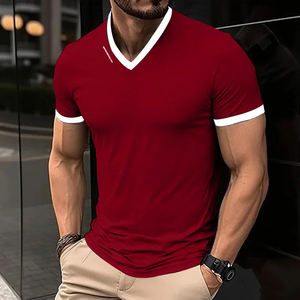 T-shirt à manches courtes pour homme, décontracté et tendance, couleur unie, col en V, avec imprimé lettres, été, polyvalent et confortable - Product Image 2