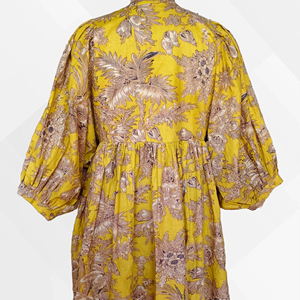 Vestido Mini de Algodón con Estampado Floral, Cuello Redondo, Mangas Medio Abullonadas, Corte Holgado, para Uso Diario, con Detalle de Bolsillo Bordado - Product Image 1