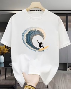 T-shirt blanc à manches courtes pour homme, col rond, coupe classique, en jersey de coton respirant et écologique, 180g, motif palmiers et brise marine - Product Image 1