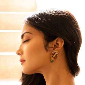 Ensemble de boucles d'oreilles en argent sterling 925 antique, finition finitionnée, avec pierres vertes rubis et perles pendantes, ensemble de bijoux. - Product Image 2