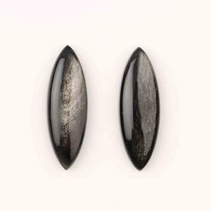 Cabochon en obsidienne noire à reflets argentés naturels, forme marquise longue 10x30mm, dos plat, calibré, pour la fabrication de bijoux - Product Image 1