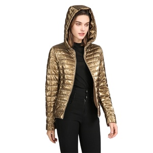 Golden <b>Quilted</b> Hooded <b>Jacket</b> Women's Autumn Outerwear Full Sleeve Zipper Closure Solid Color Polyester Wadding Warm Coat - Product Image 3