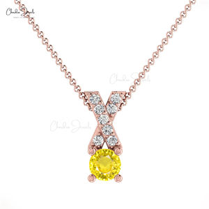 Pendentif Croix Religieuse en Or Fin 14 carats, Dernier Design, avec Saphir Jaune Rond de 0,45 carats et Diamants Sertis Pavé, Pendentif Chrétien - Product Image 3