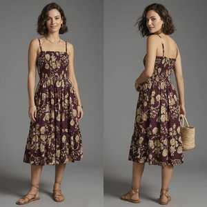Robe mi-longue trapèze pour femme en mélange de coton et de soie tissée, imprimé floral bohème, avec volants et taille élastique, idéale pour l'été et les tenues décontractées - Product Image 2