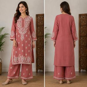 Elegant Women Dusty Rose <b>Chikankari</b> Hand Embroidered Straight <b>Kurti</b> with Matching Palazzo Set Ethnic Floral Suit - Product Image 4