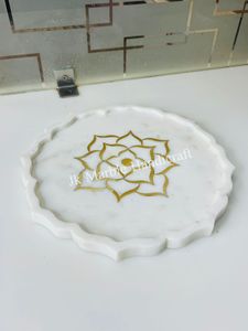 Round White Marble Decorative Plate With <b>Gold</b> Inlay Flower Design Hand painted Glam Style Wholesale Best Price - Product Image 2