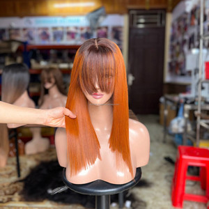 Wholesale Virgin Vietnamese Human Hair Lace Front Wigs with Bangs Smooth Bone Straight Raw Hair Glueless Fringe Wig Style - Product Image 1