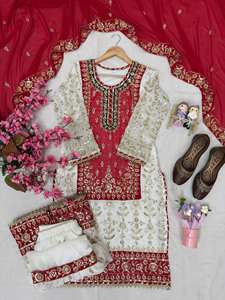 Designer Embroidered <b>Kurti</b> with Sharara & Net Dupatta | Women Wedding Party Wear Ethnic Suit - Product Image 3