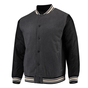 Chaqueta Varsity Gris para Hombre con Mangas Negras, Cierre de Botones, Cuello Camisero, Ropa Casual de Otoño - Product Image 2