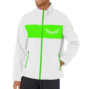Men's White Fleece <b>Jacket</b> With <b>Red</b> And Black Color Blocking Windproof Zipper Front Sporty Design Stand Collar - Product Image 3