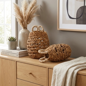 Cesta de Almacenamiento Tejida a Mano con Diseño de Rejilla Abierta, Asa Envuelta en Blanco, Maceta en Forma de Campana, Decoración Artística Pura - Product Image 4