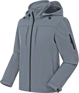 Chaqueta Softshell Gris para Hombre, con Capucha, Cierre de Cremallera, Resistente al Viento, Informal, Otoñal, Color Sólido, Corte Regular - Product Image 1