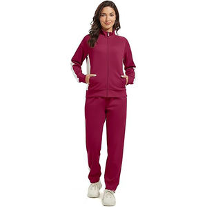 Chándal con cuello alto para mujer, mezcla de algodón y poliéster, diseño de bloques de color, chaqueta con cremallera completa, pantalones con rayas laterales - Product Image 1