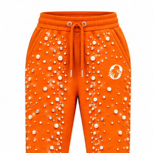 Custom Rust Orange Pearl Beaded <b>Jogger</b> Pants <b>Women</b> Fashion Embellished Drawstring Sweatpants Luxury Casual Streetwear <b>Fleece</b> - Product Image 3
