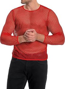 T-shirt uni rouge à col rond et manches longues, coupe ajustée et moulante, respirant, en maille filet, style clubwear, coupe carrée - Product Image 5