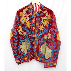 <b>Women's</b> Maroon <b>Velvet</b> Cotton Woven Embroidered Eco-Friendly Quick Dry Floral Pattern Striped Lining Full Sleeve Autumn <b>Coat</b> - Product Image 4