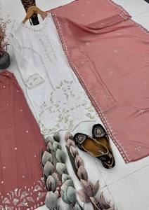 Party Wear Faux Georgette Embroidery Sequence Work & Pearl Moti Hand Work <b>Top</b> and Palazzo With Embroidery Sequence Work Dupatta - Product Image 1