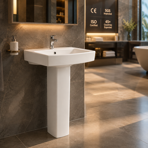 Lavabo sur pied rectangulaire pour salle de bain, monotrou, avec levier, design minimaliste, drain NSF, fixation au sol, finition polie brillante 5 - Product Image 4