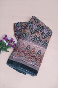 Tissu en crêpe noir anthracite naturel à imprimé floral géométrique ethnique avec bordure ornementale épaisse pour la confection de robes Kurti - Product Image 2