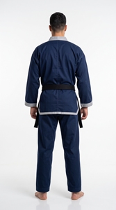 Uniforme de Taekwondo bleu marine unisexe, vêtements d'arts martiaux respirants avec bordure grise et logo - Product Image 3