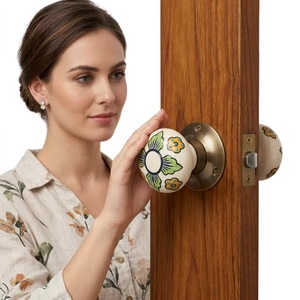 Ceramic Floral Door <b>Knob</b> Round Modern Design Antique <b>Brass</b> Base for Cabinet Bathroom Living Room Durable Eco-Friendly Handle - Product Image 1