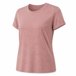 <b>Women's</b> Dusty Rose <b>Rolled</b> Sleeve Crew <b>Neck</b> T Shirt in Melange Cotton Jersey Short Sleeve Casual Top - Product Image 1