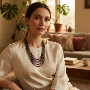Jaipur Handcrafted Rose Gold Gemstone <b>Necklace</b> 48cm Multigem Regalia with Natural Pearl Strand Wholesale Jewelry From India - Product Image 1
