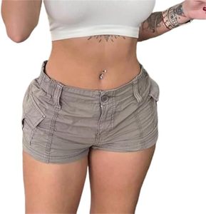 Shorts Cargo Casuales para Mujer, Color Gris, Cintura Elástica Media, con Bolsillos y Botones - Product Image 4