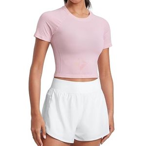 Camiseta deportiva corta rosa de manga corta para mujer, ajustada, de secado rápido, con cuello redondo, para yoga, gimnasio y fitness. - Product Image 1