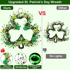 Decoraciones para el Día de San Patricio, Guirnalda de 20 Luces LED Verdes, 10 Tréboles, Adorno para Puerta Delantera de 18 Pulgadas, Plantas Artificiales, Follaje Verde - Product Image 2
