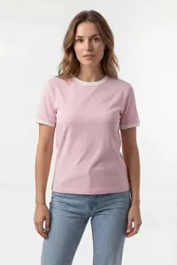 T-shirt rose à manches courtes pour femmes, couleur unie, col rond, haut décontracté d'été - Product Image 3