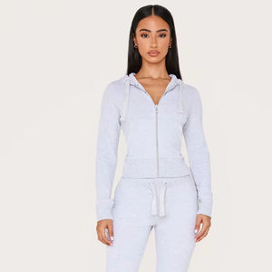 Custom Womens Light Gray Tracksuit Full Zip Hoodie Flare Pants <b>Set</b> Cotton Fleece Casual Activewear Loungewear Outfit <b>Set</b> - Product Image 2