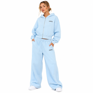 Custom Heavyweight Cotton Fleece <b>Cropped</b> Zip Hoodies Tracksuit Oversized Wide Leg <b>Joggers</b> Drop Shoulder Sweat Set OEM Production - Product Image 4