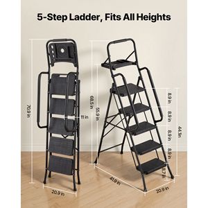 Scala Pieghevole a 5 Gradini con Ripiano, Pedali Antiscivolo Larghi, Vassoio Porta Attrezzi, Doppia Corrimano, Capacità 600 Libbre, Telaio in Acciaio Portatile - Product Image 2