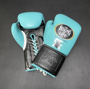 No Boxing No Life Gants de boxe en cuir bleu clair à lacets, à doigts entiers, unisexes pour adultes - Product Image 2