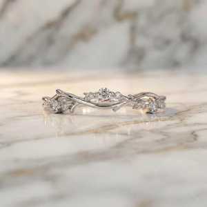 Nature Inspired Leaf Round Cut Moissanite Minimalist <b>Ring</b> Original 925 Silver Fine Anniversary Birthdays Wish Jewelry For Her - Product Image 1