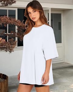 T-shirt décontracté pour femme en jersey de coton blanc à col rond, manches courtes, coupe ample, couleur unie, respirant - Product Image 3