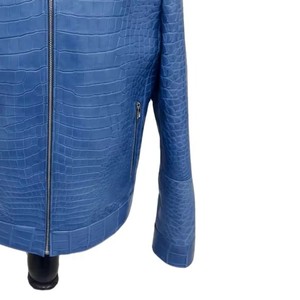 Chaqueta de Cuero PU con Estampado de Cocodrilo Azul para Hombre, con Cuello de Piel, Cierre de Cremallera Frontal, Estilo Motero, Chaqueta de Invierno - Product Image 6