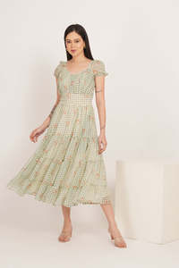 Vestido midi con estampado floral, corte en A, manga corta y volantes, cintura natural, ajuste holgado, informal, para verano, vestido de mujer. - Product Image 2